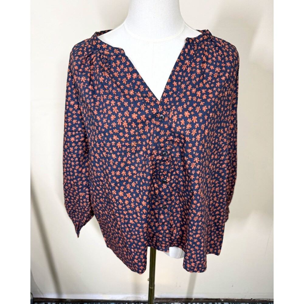 Levi's Womens Blouse XL Blue Orange Floral V-Neck Button Front 3/4 Slv NEW 366